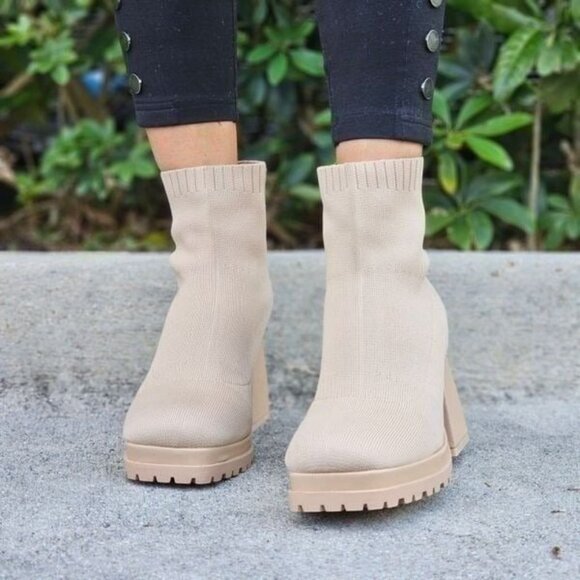 Women's Chunky Block Heel Sock Boots Nude Color - Picture 1 of 6